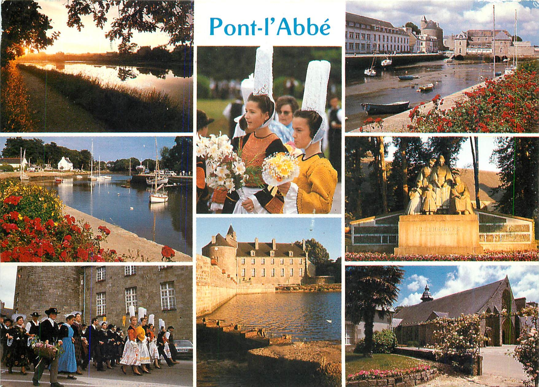 CPM Pont l'Abbe Coiffe bigoudenne le port le chateau des Barons du Pont a l'eglise des Carnes