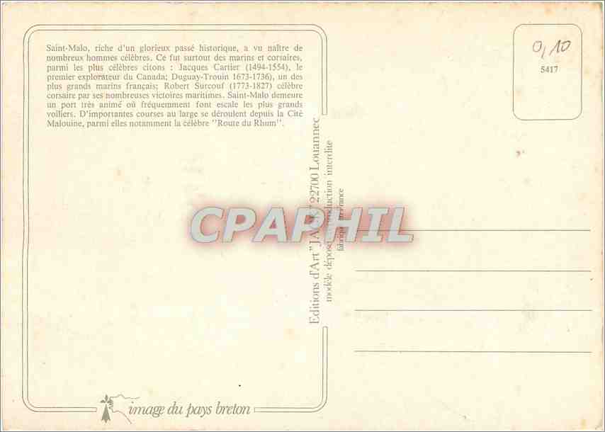 Les marins de Saint-Malo à la découverte du monde — bateau à voiles en port — Éditions d'Art Lauranne, n° 5417 — Verso
