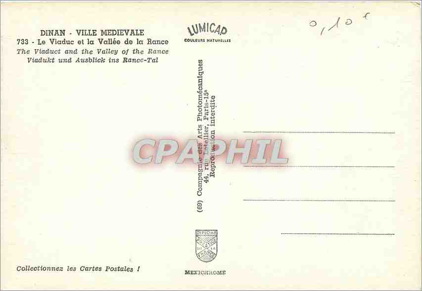 Dinan - Ville Médiévale — Le Viaduc et la Vallée de la Rance — éditeur LUMICAP, n° 733 — Rückseite