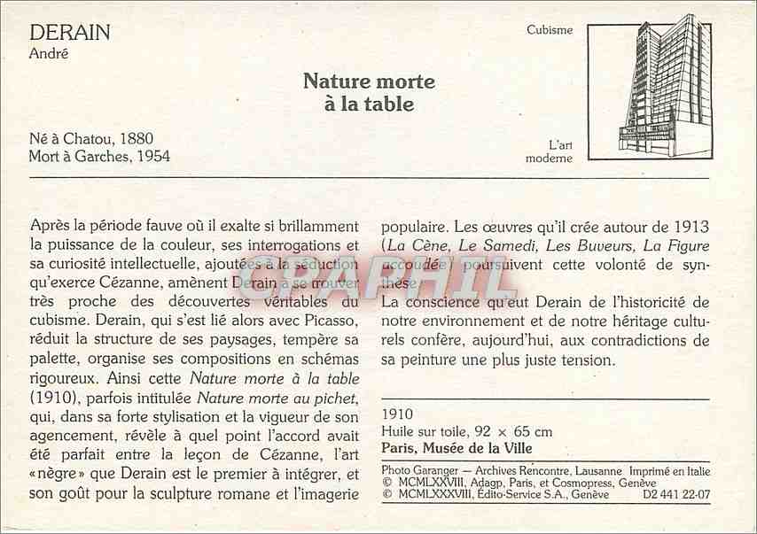 CPM Nature morte a la table Andre Derain — Verso