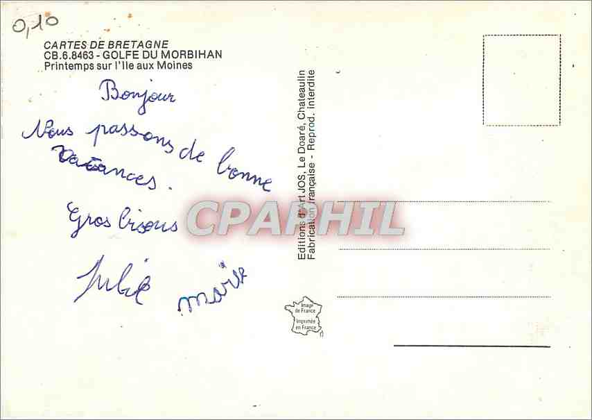 CPM Cartes de Bretagne Golfe du Morbihan Printemps sur l'Ile aux Moines — Rückseite
