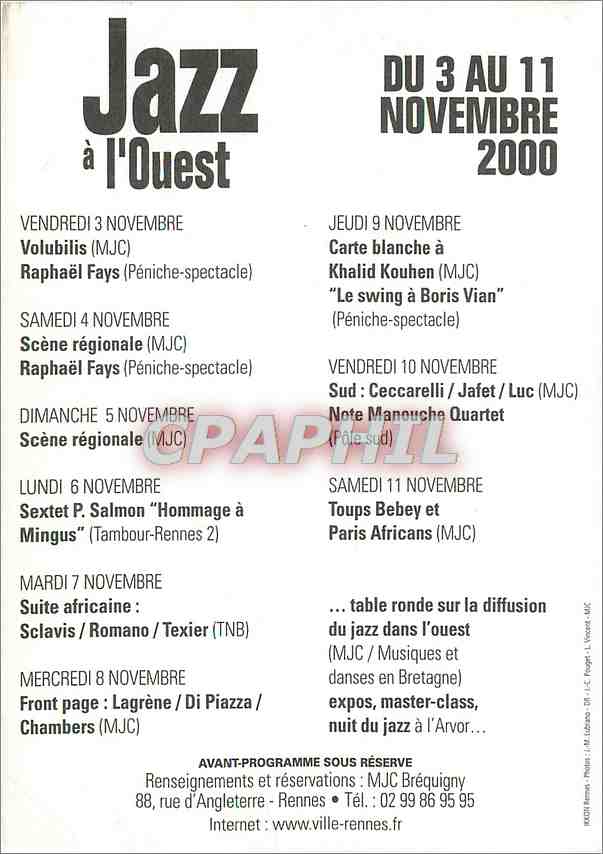 CPM Jazz l'Ouest du 3 au 11 Novembre 2000 Rennes — Rückseite
