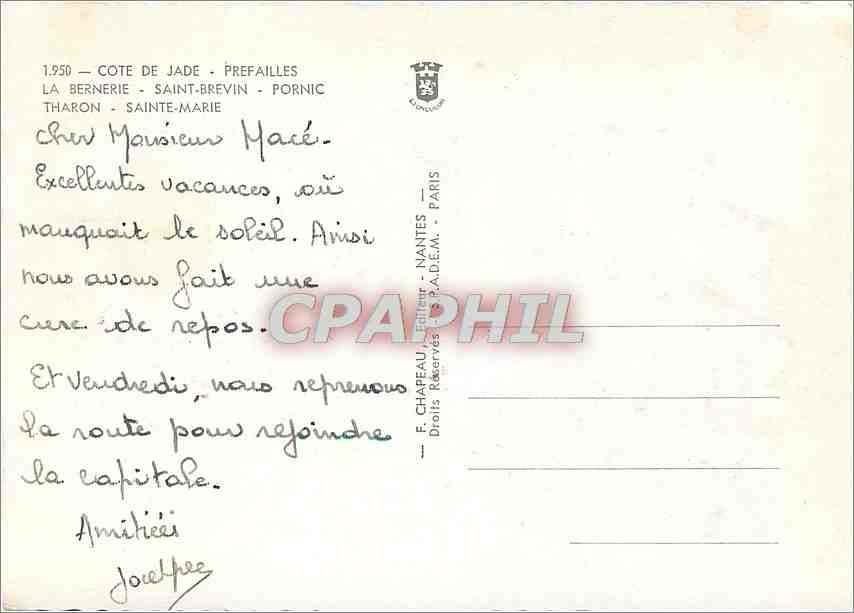 CPM Cote de Jade Prefailles La Bernerie Saint Brevin Pornic Tharon Sainte Marie — Back