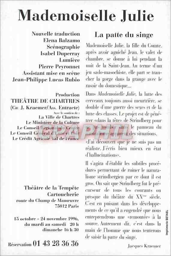 CPM Mademoiselle Julie Strindberg Jacques Kraemer  — Verso