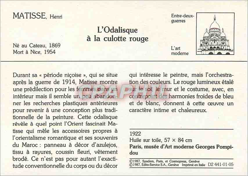 CPM L'Odalisque a la culotte rouge Matisse — Verso