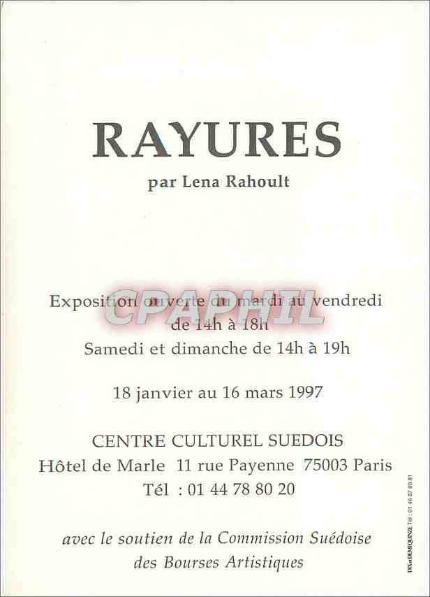 CPM Rayures par lena Rahoult Centre culturel Suedois Rue Payenne Hotel de Marle Paris — Rückseite