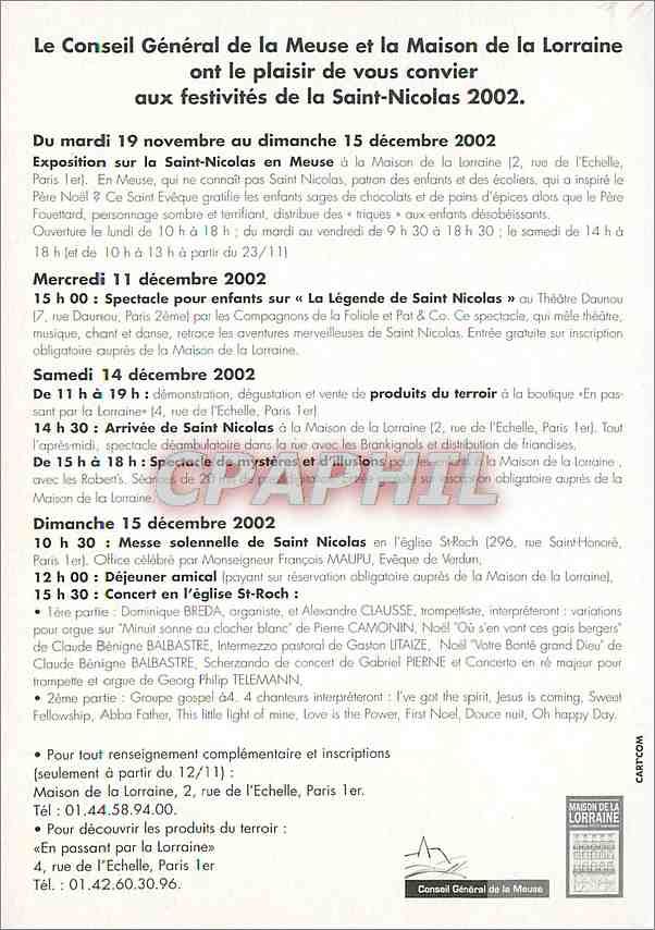 CPM Le Conseil General de la Meuse et la Maison de la Lorraine ont le plaisir de vous convier Saint  — Rückseite