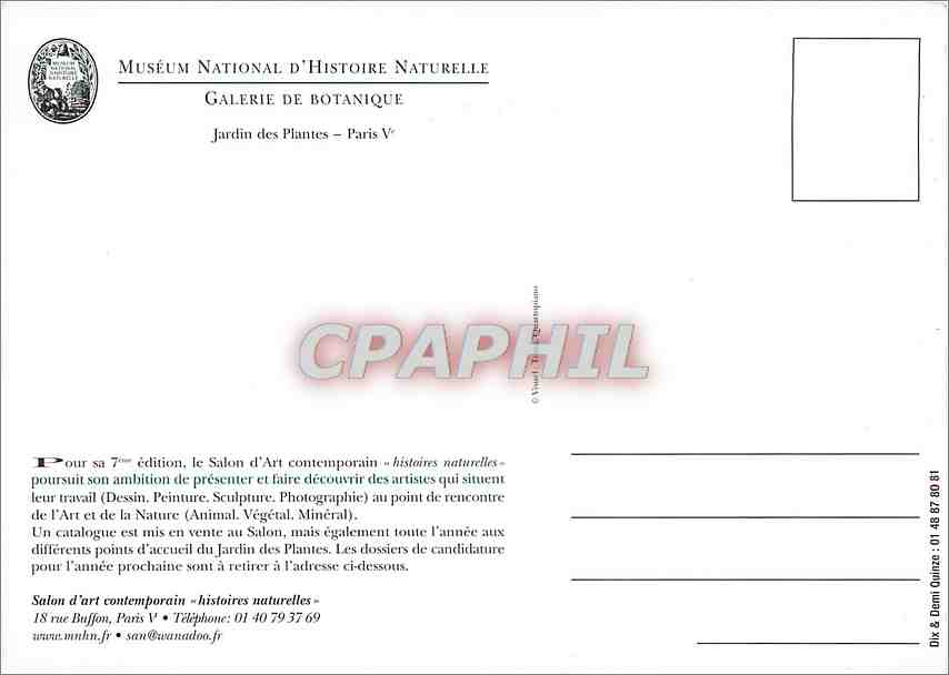 CPM Musee National d'Histoire Naturelle Galerie de Botanique Paris Jardin des Plantes — Verso