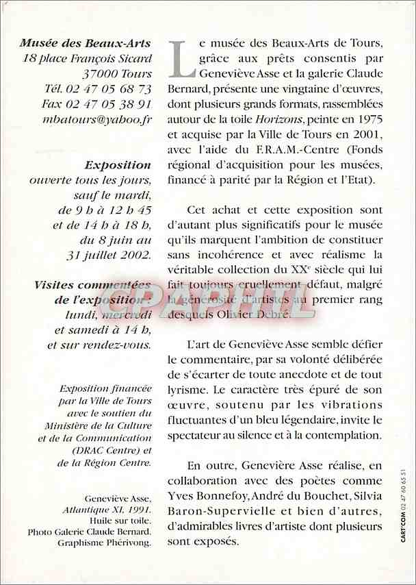 CPM Genevieve Asse Musee des beaux Arts de Tours 8 juin 31 juillet 2002 — Rückseite