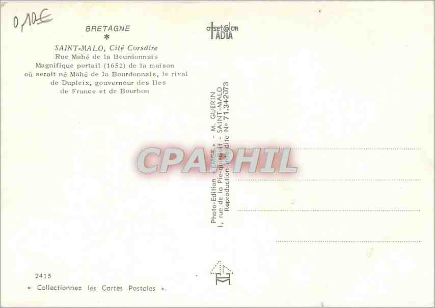 CPM Bretagne Saint Malo Cite Corsainre Rue Mahe de la Bourdonnais — Rückseite