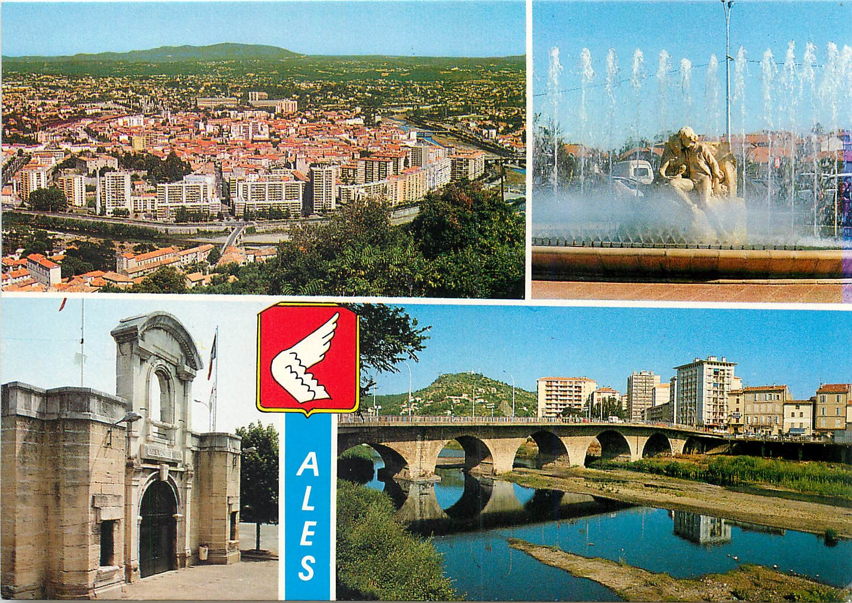 CPM Ales (Gard) Vue generale de la ville la Fontaine de la Place Gabriel Peri L'entree des arenes le