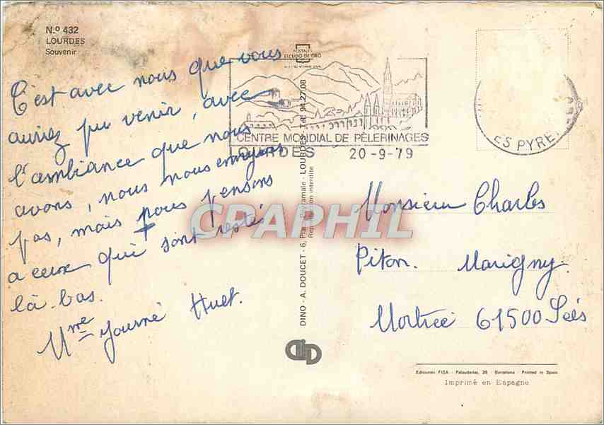 CPM Lourdes Souvenir — Verso