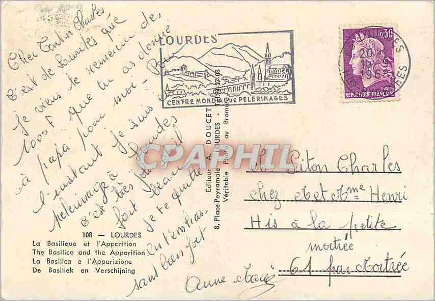 CPM Lourdes La Basilique et L'Apparition — Verso
