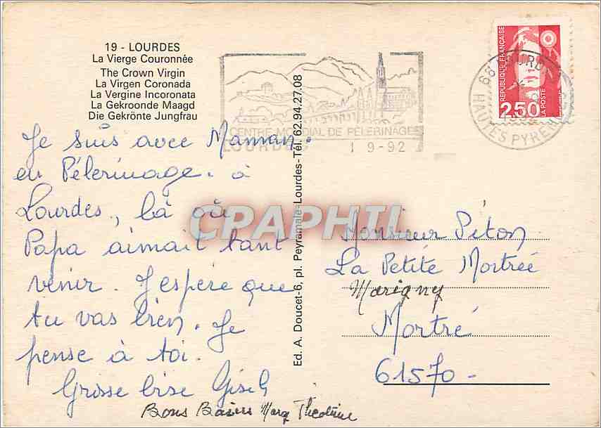 CPM Lourdes La vierge Cournonnee — Verso