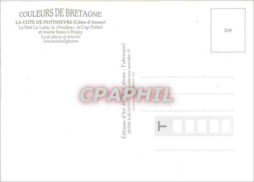 La Côte de Penthièvre — CPAPHIL, série 219 — Éditions d'Art Jaouanne — Rückseite
