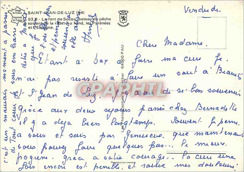 CPM Saint Jean de Luz  le fort de Socoa bateau de peche — Verso