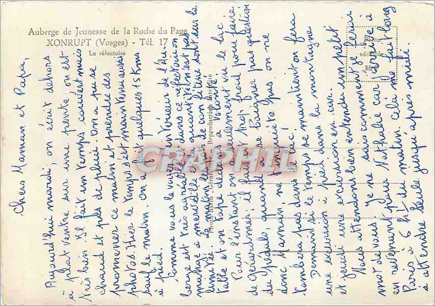 CPM Auberge de jeunesse de la Roche du Page Xonrupt (Vosges) le refectoire — Verso