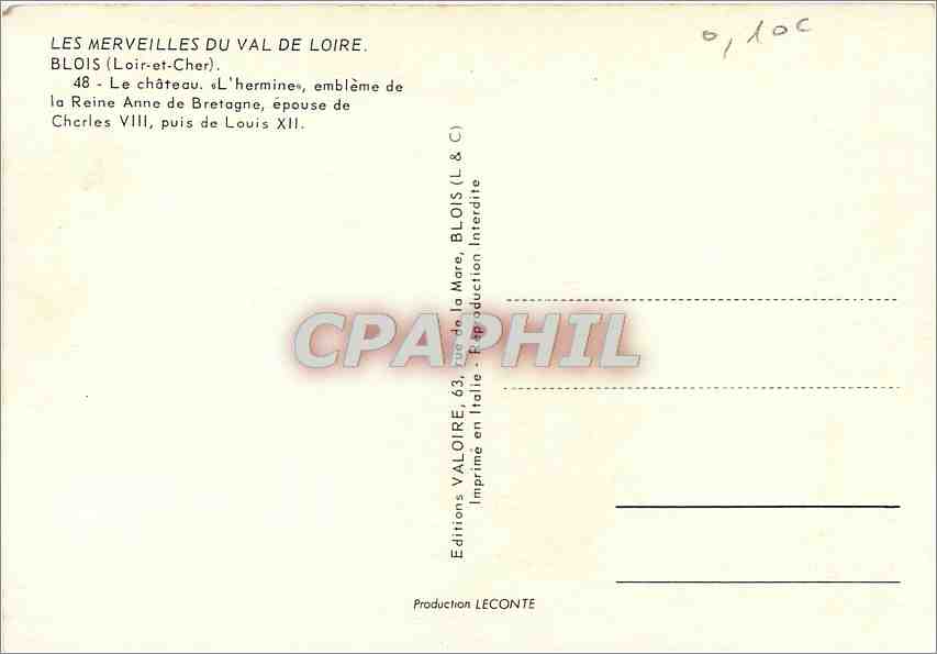 CPM Blois (Loir et Cher) Le Chateau L'hermine embleme la reine Anne de Bretagne — Verso