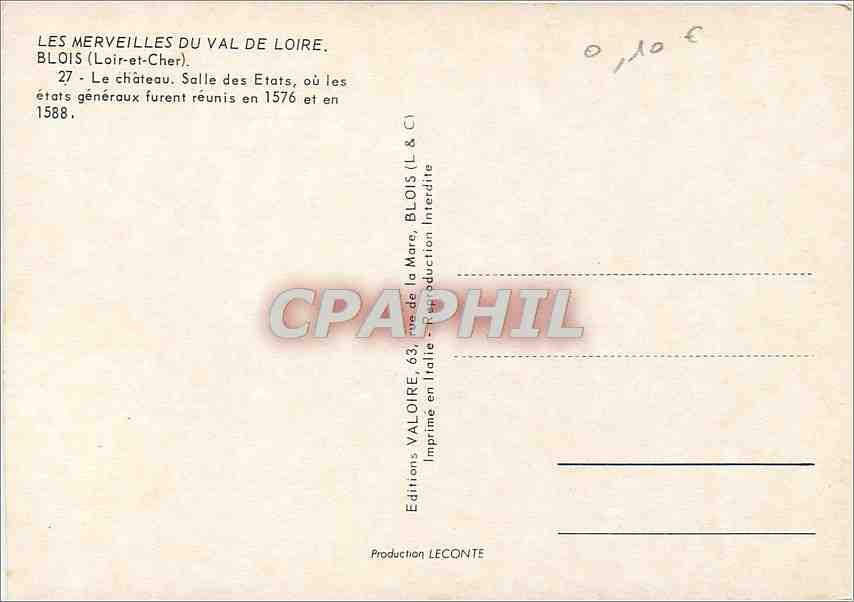 CPM Blois (Loir et Cher) Le Chateau Salle des Etats — Verso