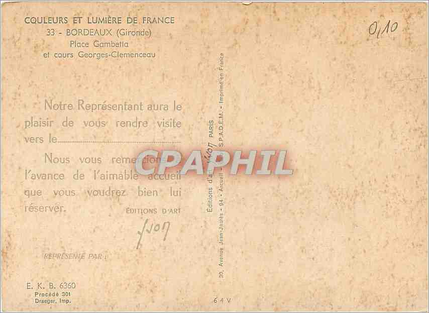 CPM Bordeaux Place Gambetta et cours Georges Clemenceau — Verso