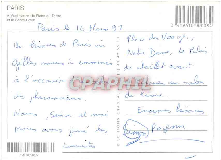 CPM Paris a Montmartre La PLace du Tertre et le Sacre Coeur — Rückseite