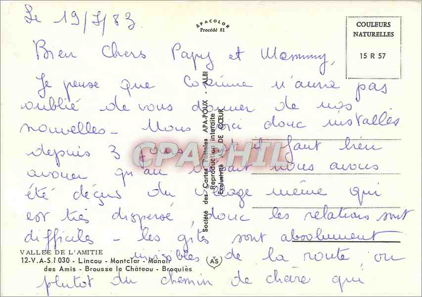 CPM Vallee de l'Amitie Lincou Montclar Manoir — Rückseite