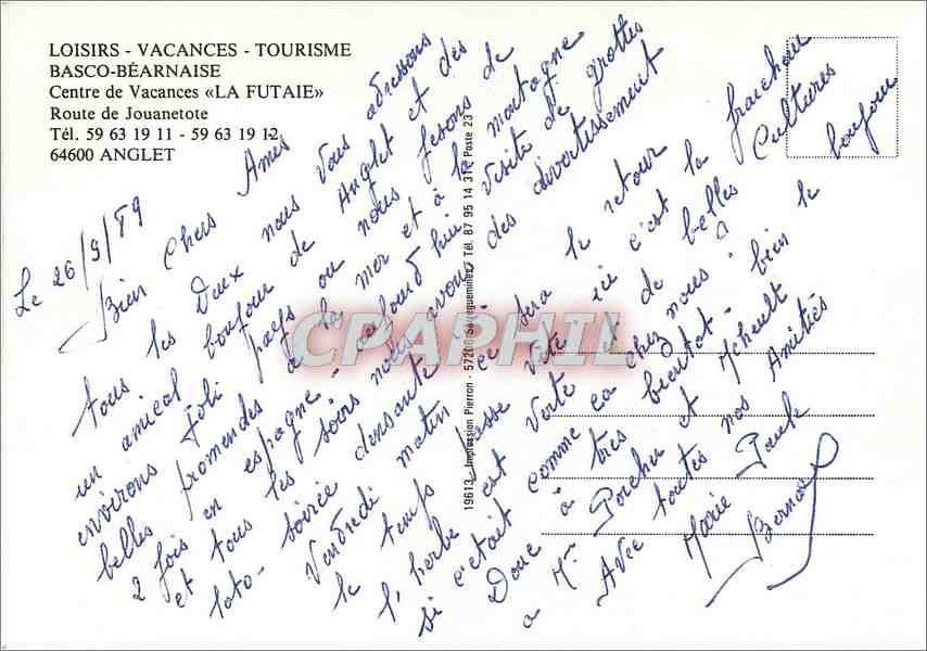 CPM Loisirs Vacances Tourisme Basco Bearnaise Centre de Vacances la Futaie — Rückseite