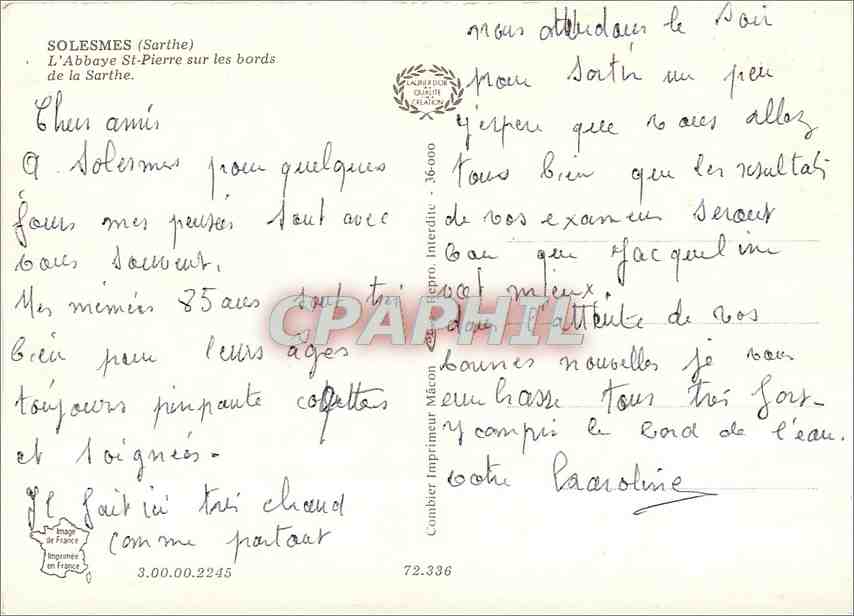 CPM Solesmes (Sarhte) L'Abbaye St Pierre sur les Bords de la Sarhte — Rückseite
