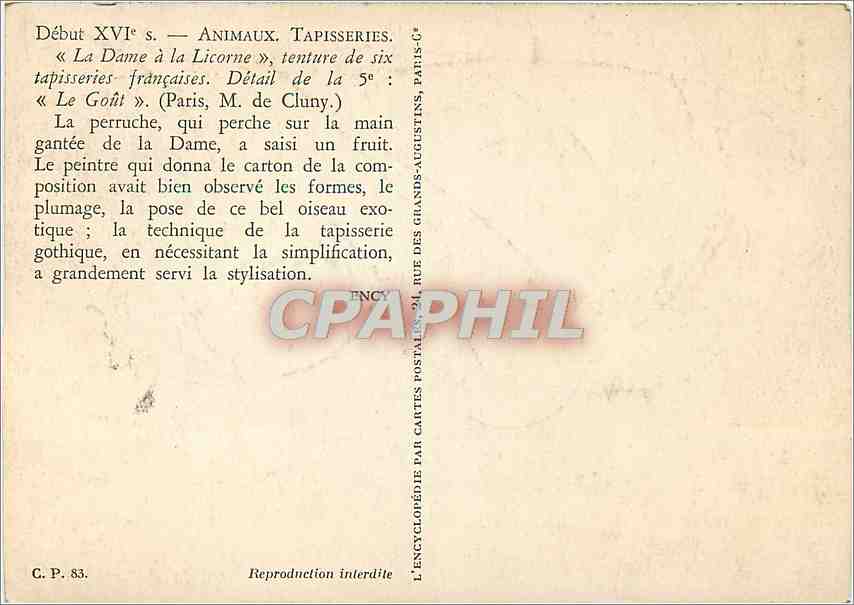 CPM La Dame a la Licorne  — Verso