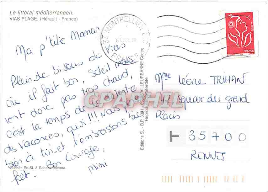 CPM Une grosse bise de Vias Plage Chat — Rückseite