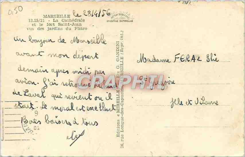 CPM Marseille La Cathedrale et le fort Saint Jean vus des Jardins du Pharo  — Rückseite