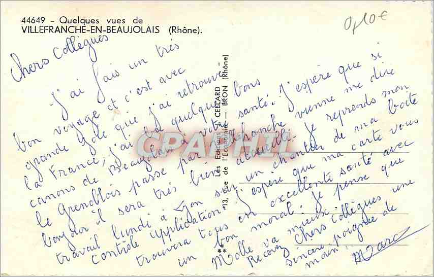 CPM Villefranche en Beaujolais  — Verso