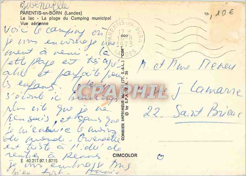 CPM Parentis en Born Landes Le Lac La Plage du Camping Municipal Vue aerienne  — Rückseite