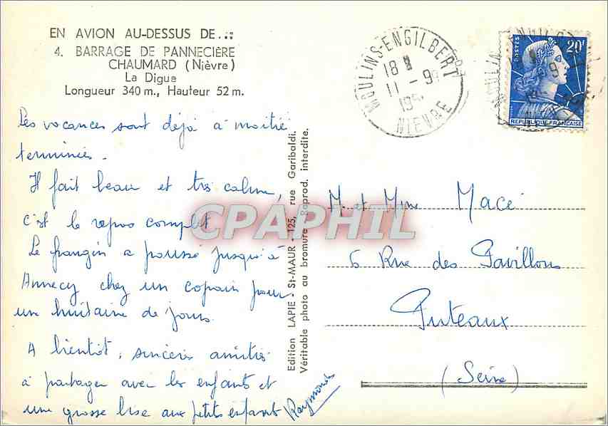CPM Barrage de Panneciere Chaumard Nievre La Digue  — Rückseite