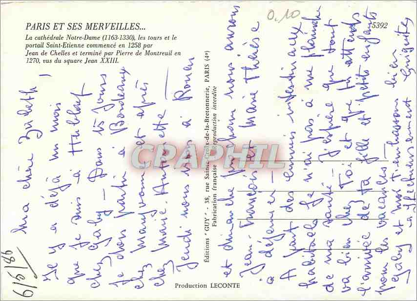 CPM Paris et ses Merveilles La Cathedrale Notre Dame  — Rückseite