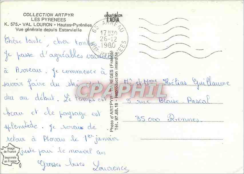 Vue générale depuis Estarvielle — Les Pyrénées — Éditeur ARTIPYR, n° 575 — Verso