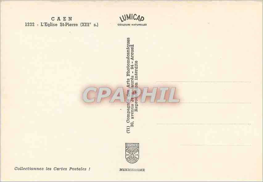 CPM Caen L'Eglise St Pierre  — Verso
