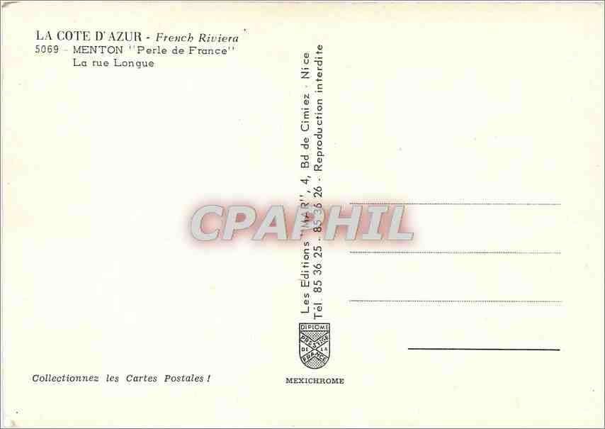 CPM La Cote d'Azur Menton Perle de France La rue Longue  — Rückseite