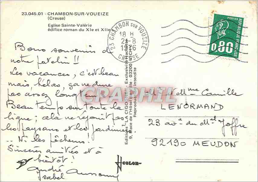 CPM Chambon sur Voueize Creuse Eglise Sainte Valerie  — Rückseite