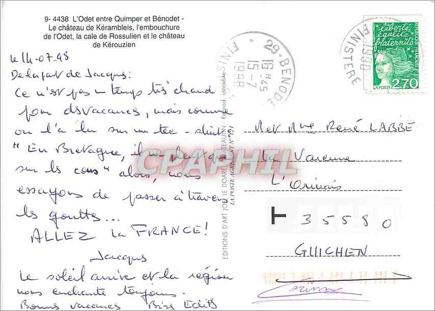 CPM L'Odet entre Quimper et Benodet Le Chateau de Kerambleis  — Rückseite