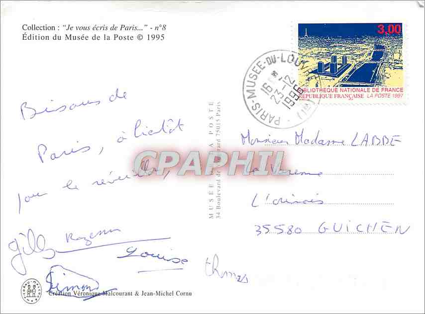 CPM Je Vous ecris de Paris Musee de la Poste  — Rückseite