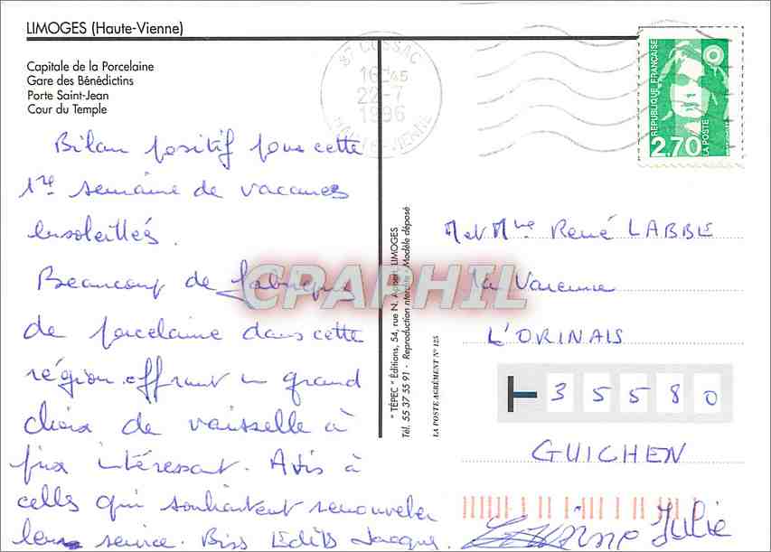 CPM Limoges Haute Vienne Capitale de la Porcelaine  — Rückseite