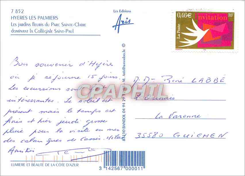 CPM Hyeres les Palmiers Cote d'Azur  — Rückseite