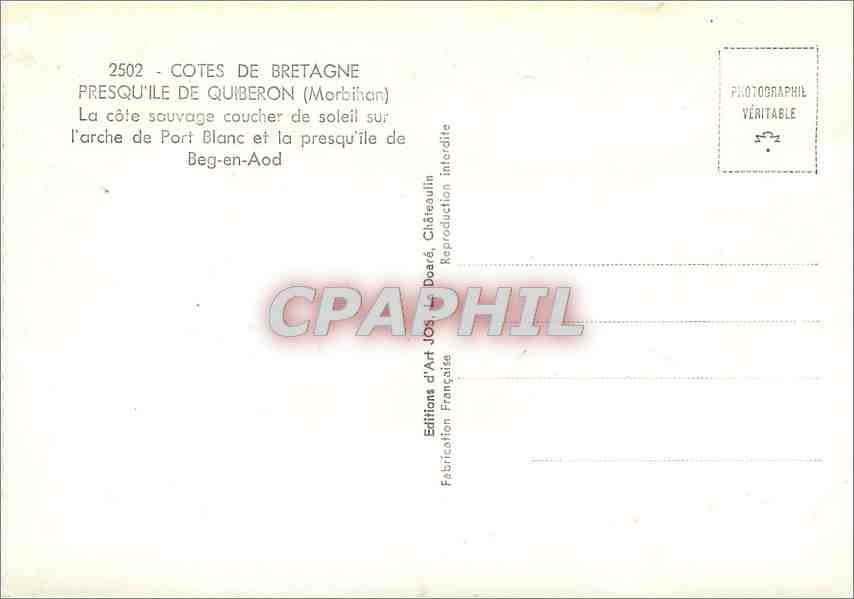 CPM Cotes de Bretagne Presqu'ile de Quiberon Morbihan  — Rückseite