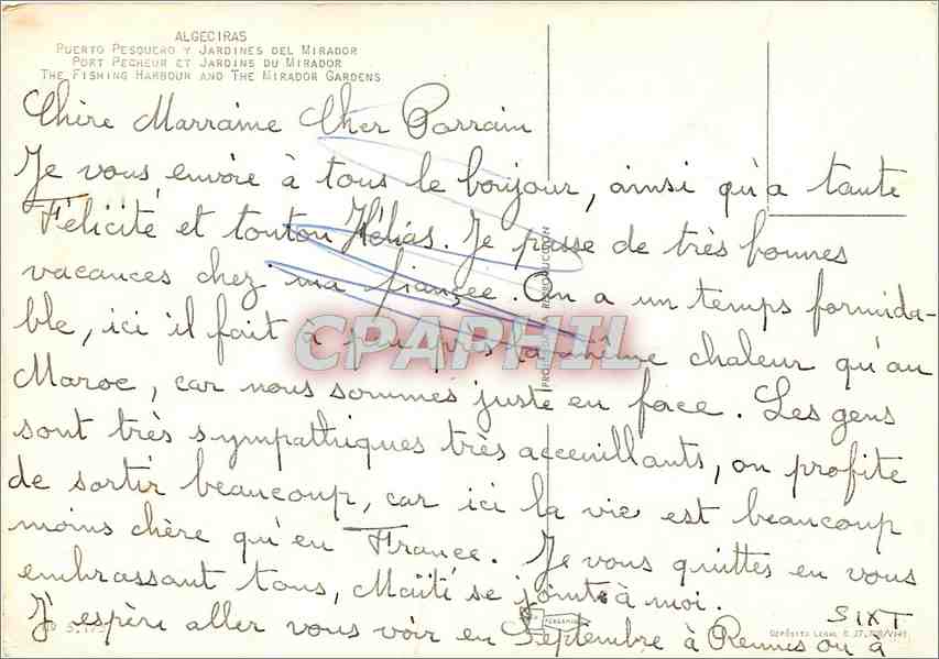 CPM Algeciras Port Pecheur et Jardins du Mirador  — Rückseite