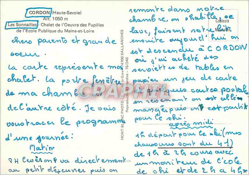 CPM Cordon Haute Savoie Les Sonnailles Chalet de l'Oeuvre des Pupilles de l'Ecole Publique du Maine  — Rückseite