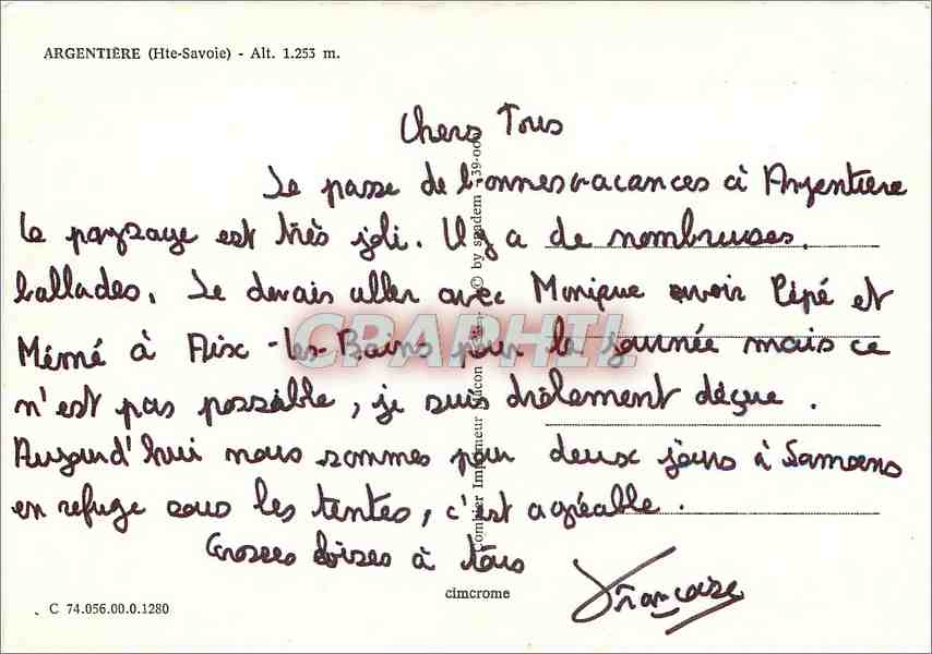 CPM Argentiere Hte Savoie  — Rückseite