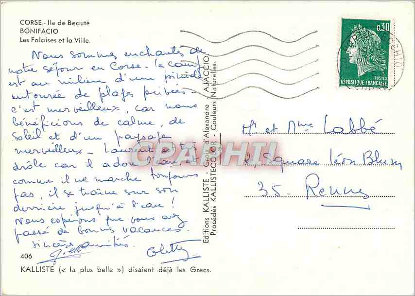 Bonifacio — Les Falaises et la Ville — Éditions Kalliste, n° 406 — Verso