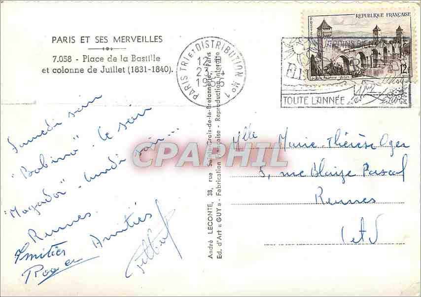 CPM Paris et ses Merveilles Place de la Bastille et Colonne de Juillet  — Rückseite