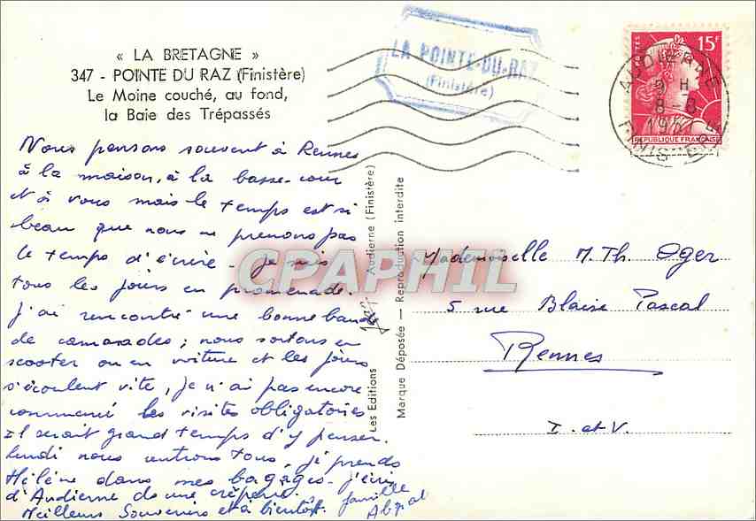 CPM Pointe du Raz Finistere Le Moine Couche au fond la Baie des Trepasses  — Verso